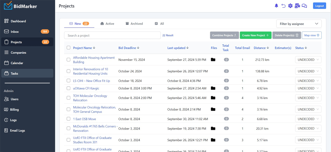 BidMarker projects list with bid deadlines, files, task and email counts, distance to site and bid status for each project