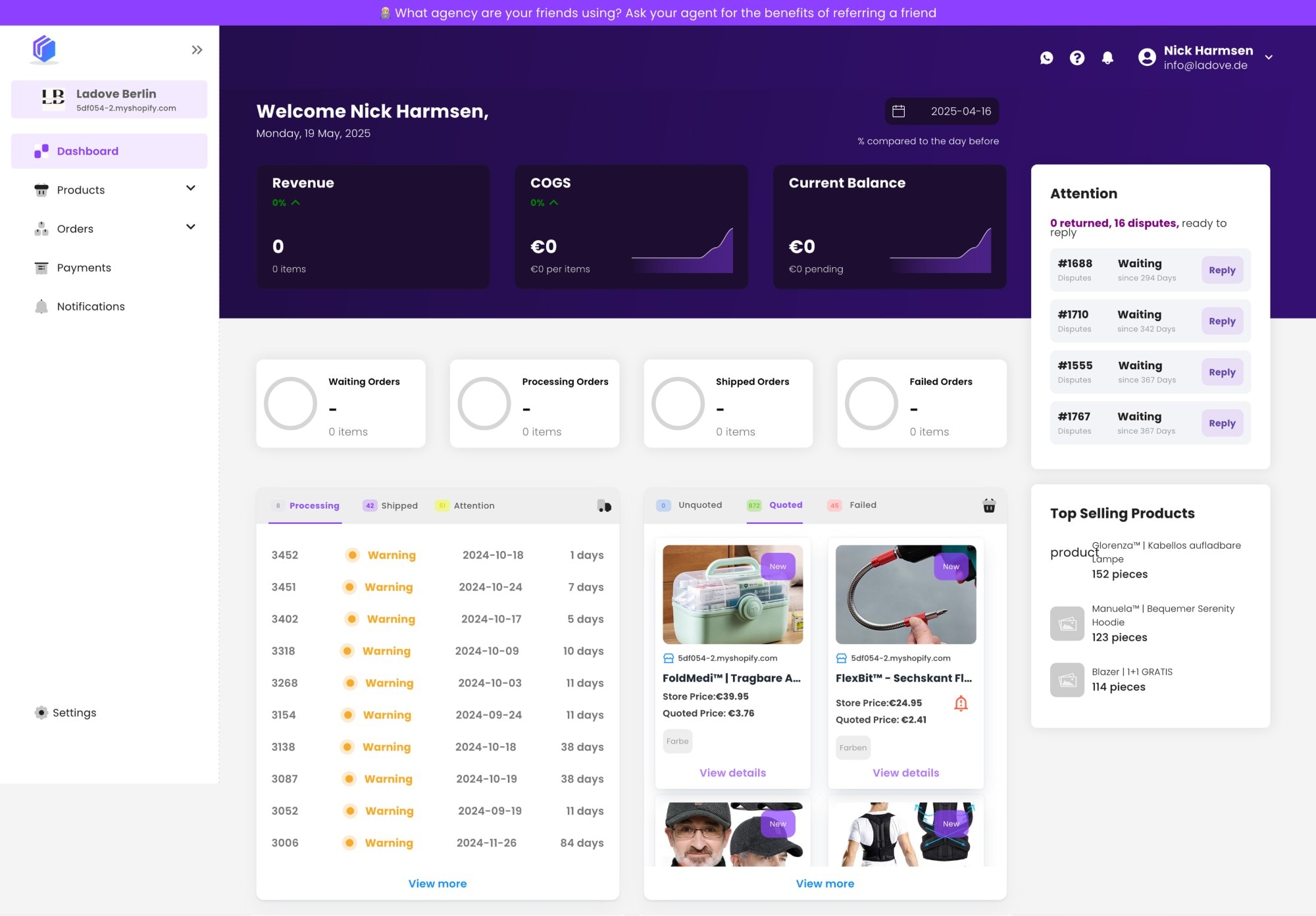 U-Send merchant dashboard with revenue, costs and balance, order status counts, disputes awaiting reply, quoted products and top sellers